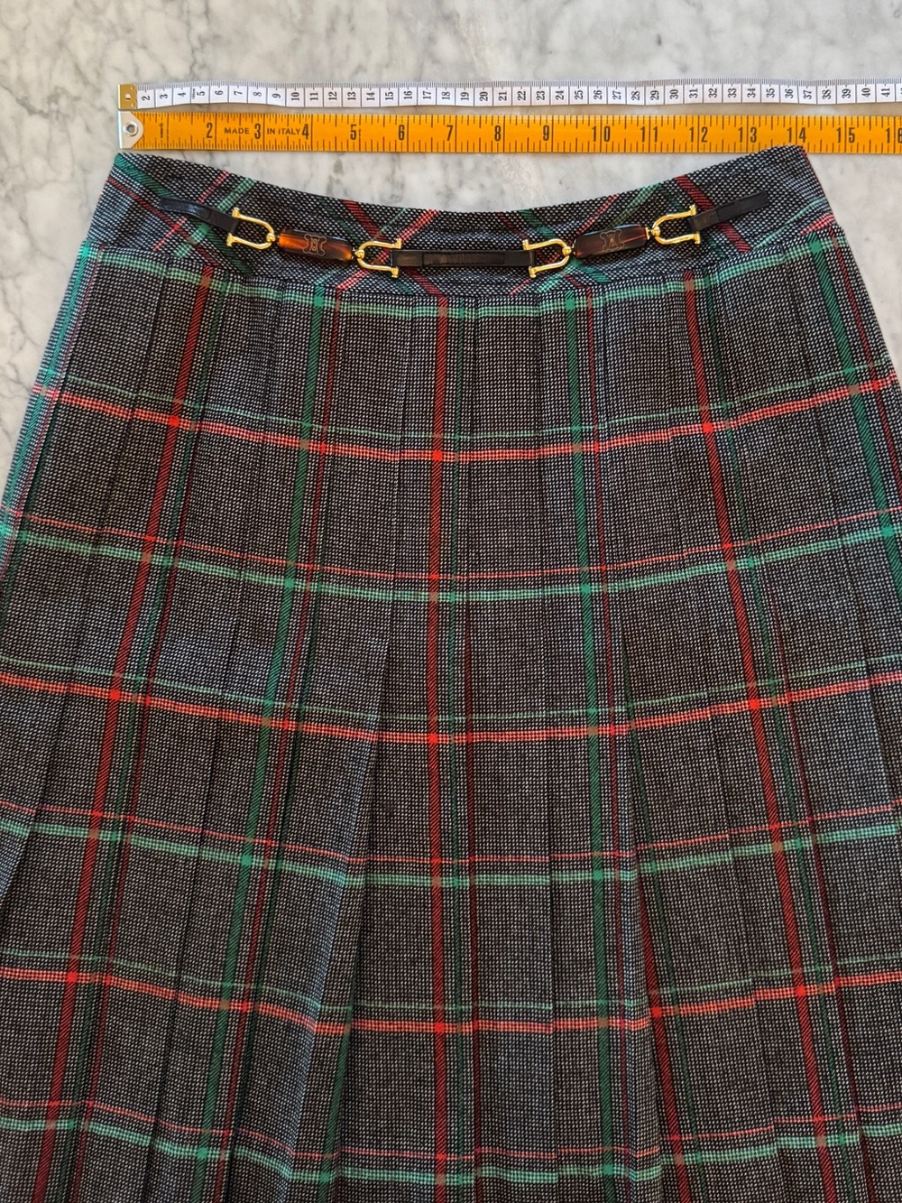 Celine Paris Vintage Wool Plaid Pleated Skirt w/ Tortoise Gold Hardware Size 42 - Picture 4 of 12